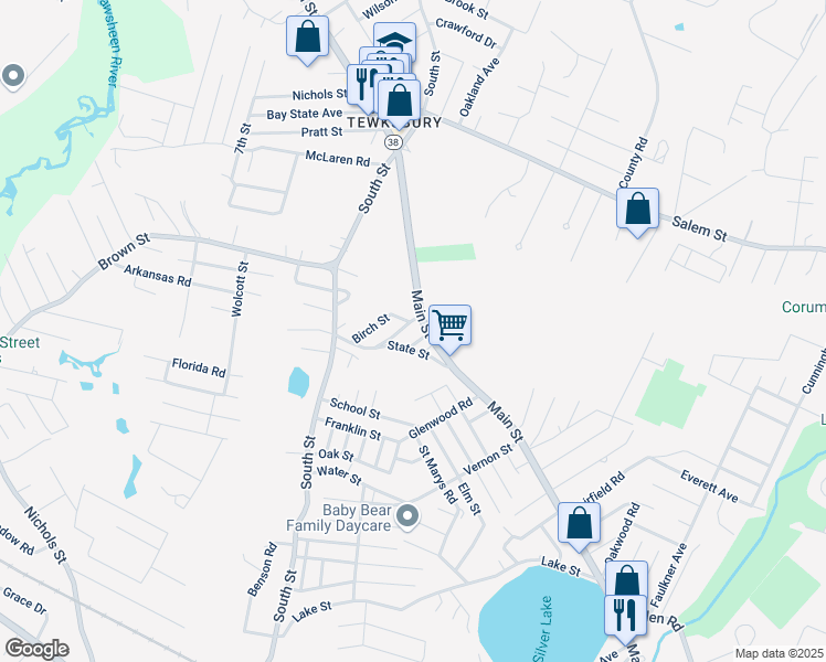 map of restaurants, bars, coffee shops, grocery stores, and more near 12 Hoover Road in Tewksbury