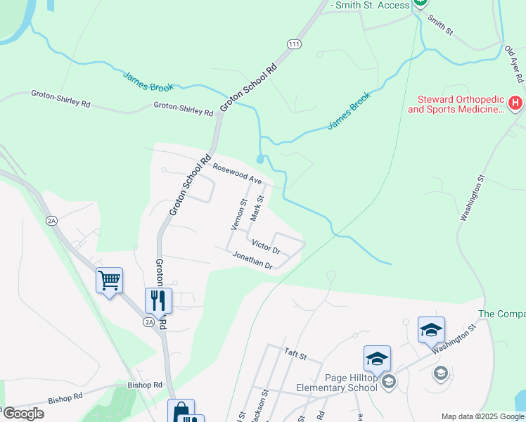 map of restaurants, bars, coffee shops, grocery stores, and more near 8 Mark Street in Ayer