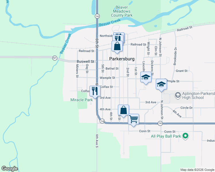 map of restaurants, bars, coffee shops, grocery stores, and more near 501 4th Street in Parkersburg