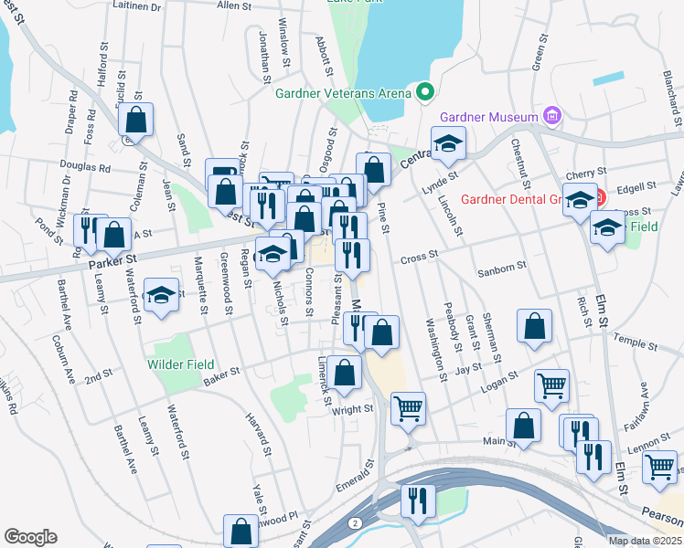 map of restaurants, bars, coffee shops, grocery stores, and more near 70 Pleasant Street in Gardner