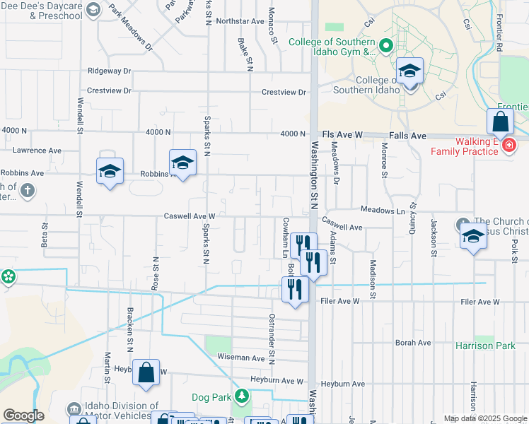 map of restaurants, bars, coffee shops, grocery stores, and more near 224 Caswell Avenue West in Twin Falls