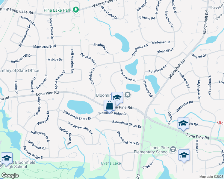 map of restaurants, bars, coffee shops, grocery stores, and more near 4273 Southmoor Lane in West Bloomfield Township