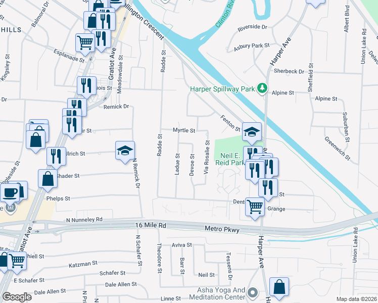map of restaurants, bars, coffee shops, grocery stores, and more near 37719 Devoe Street in Macomb County