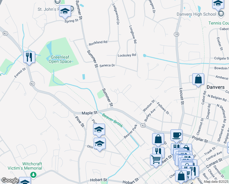 map of restaurants, bars, coffee shops, grocery stores, and more near 17 Summer Street in Danvers