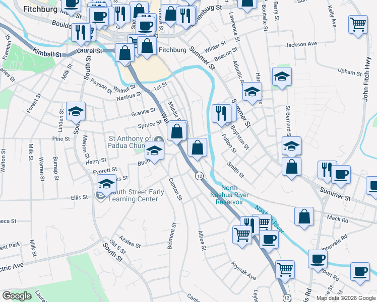 map of restaurants, bars, coffee shops, grocery stores, and more near 432 Water Street in Fitchburg