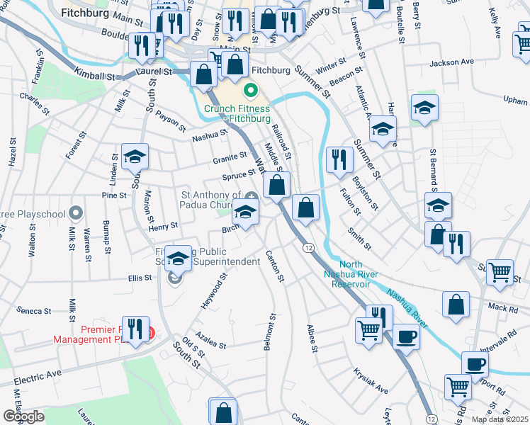 map of restaurants, bars, coffee shops, grocery stores, and more near 32 Birch Street in Fitchburg