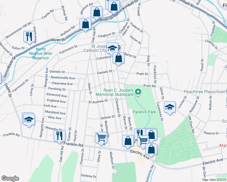 map of restaurants, bars, coffee shops, grocery stores, and more near 180-182 Woodland Street in Fitchburg