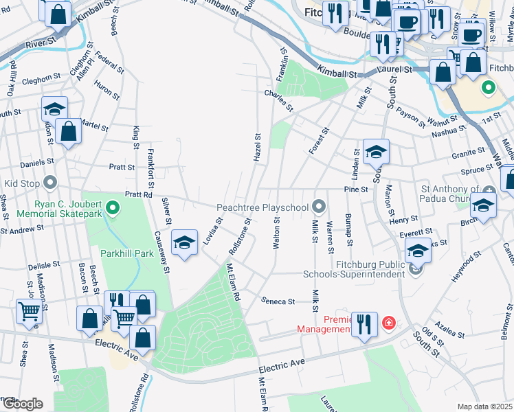 map of restaurants, bars, coffee shops, grocery stores, and more near 432 Rollstone Street in Fitchburg