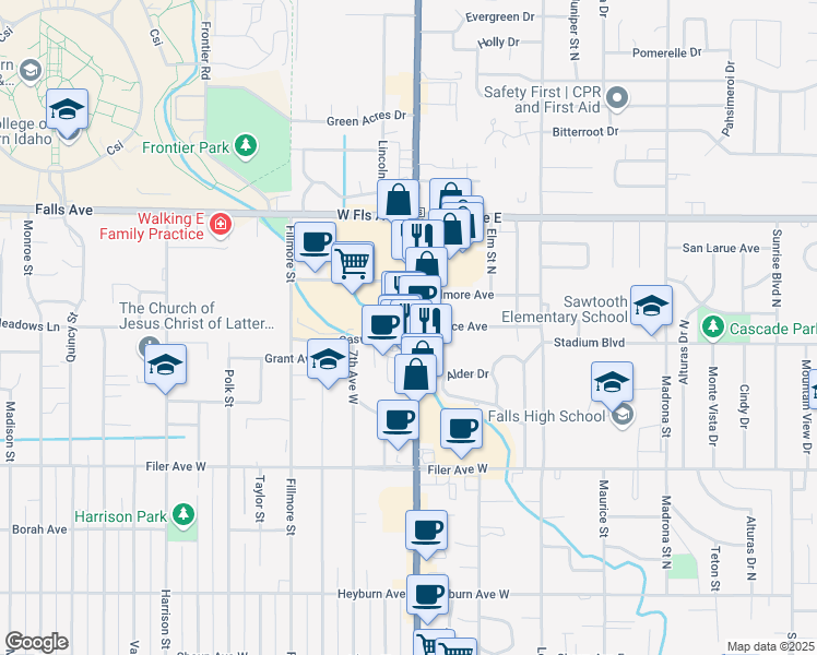 map of restaurants, bars, coffee shops, grocery stores, and more near 719 North 3000 East Road in Twin Falls