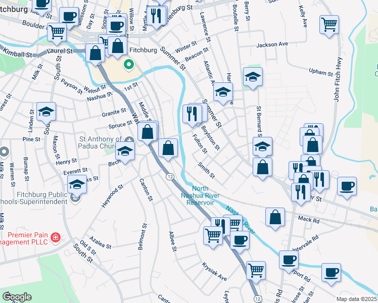 map of restaurants, bars, coffee shops, grocery stores, and more near 11 Doane Street in Fitchburg