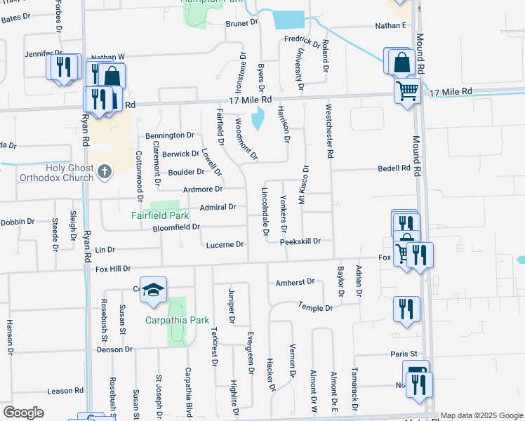 map of restaurants, bars, coffee shops, grocery stores, and more near 38307 Lincolndale Drive in Sterling Heights