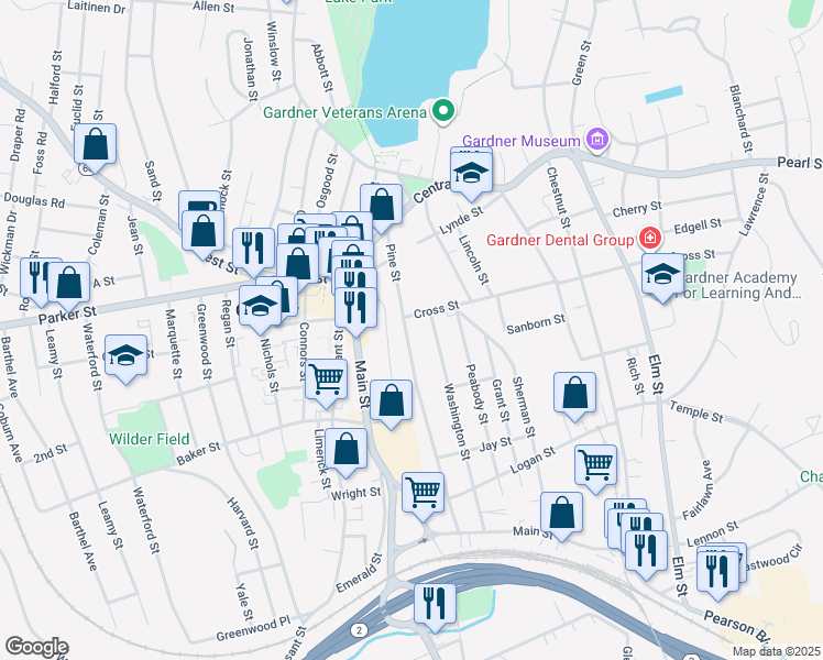 map of restaurants, bars, coffee shops, grocery stores, and more near 125 Pine Street in Gardner