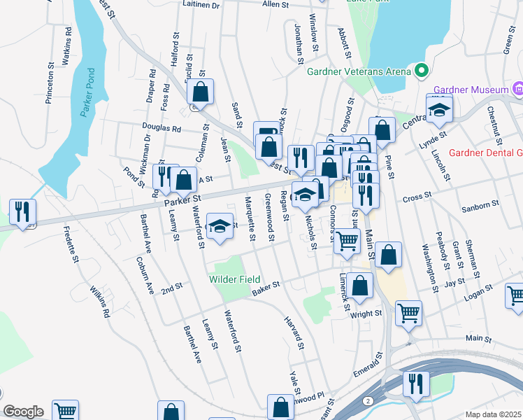 map of restaurants, bars, coffee shops, grocery stores, and more near 24-26 Marquette Street in Gardner