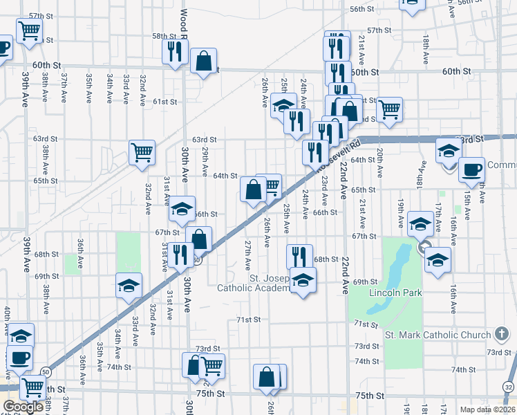 map of restaurants, bars, coffee shops, grocery stores, and more near 6521 27th Avenue in Kenosha