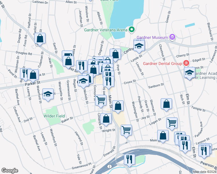 map of restaurants, bars, coffee shops, grocery stores, and more near 73 Main Street in Gardner