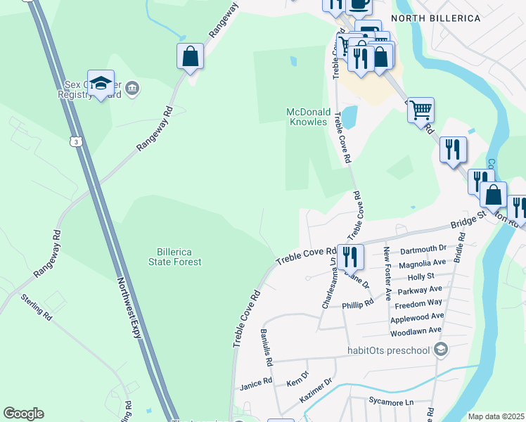map of restaurants, bars, coffee shops, grocery stores, and more near 111 Winning Road in Billerica