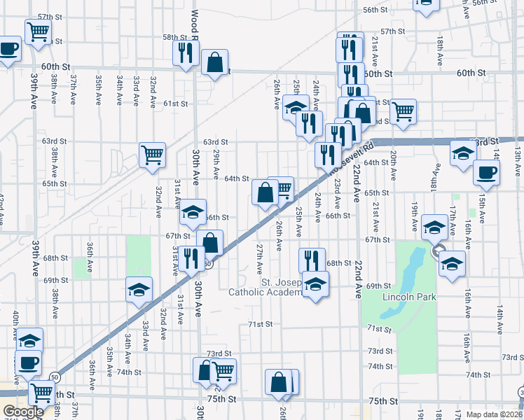 map of restaurants, bars, coffee shops, grocery stores, and more near 6521 27th Avenue in Kenosha