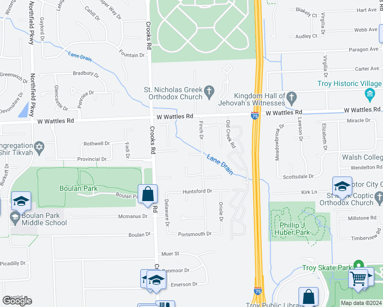 map of restaurants, bars, coffee shops, grocery stores, and more near 3853 Finch Drive in Troy