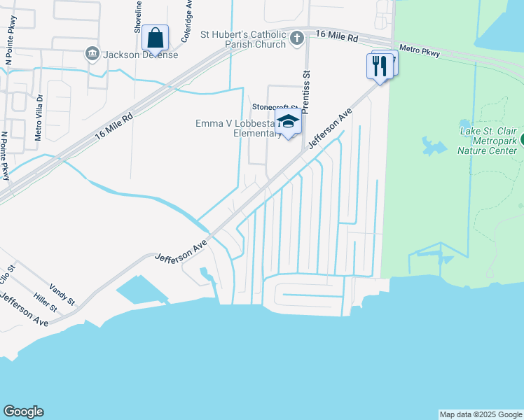 map of restaurants, bars, coffee shops, grocery stores, and more near 37991 Elm Lane in Harrison Township