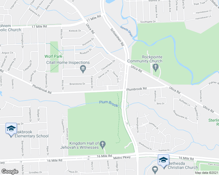 map of restaurants, bars, coffee shops, grocery stores, and more near 13403 Plumbrook Road in Sterling Heights