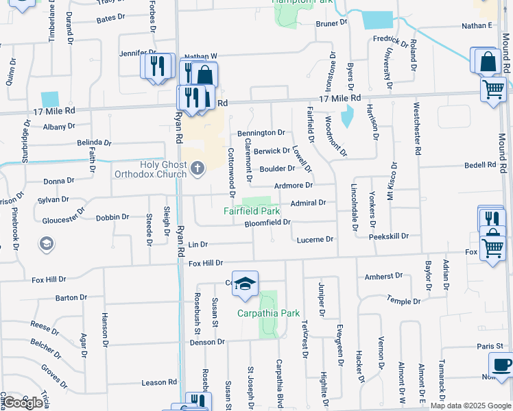 map of restaurants, bars, coffee shops, grocery stores, and more near 38345 Cheviot Drive in Sterling Heights