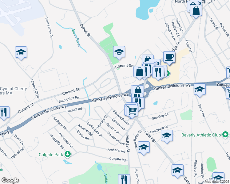 map of restaurants, bars, coffee shops, grocery stores, and more near 620 Cabot Street in Beverly
