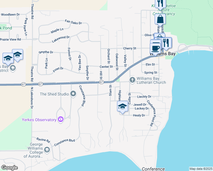map of restaurants, bars, coffee shops, grocery stores, and more near 203 West Geneva Street in Williams Bay