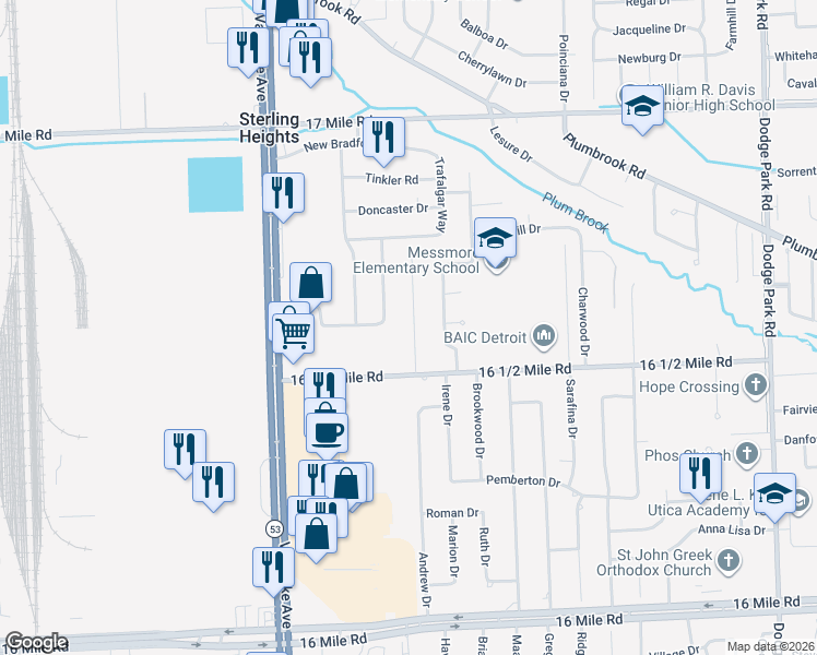 map of restaurants, bars, coffee shops, grocery stores, and more near 38133 Medville Drive in Sterling Heights