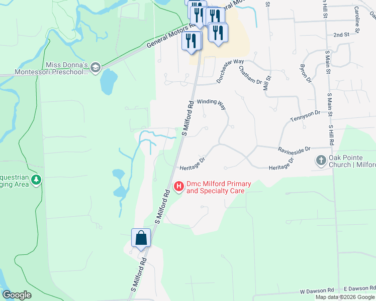 map of restaurants, bars, coffee shops, grocery stores, and more near 664 Heritage Drive in Milford Charter Township