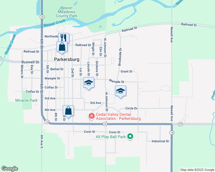 map of restaurants, bars, coffee shops, grocery stores, and more near 506 North Johnson Street in Parkersburg
