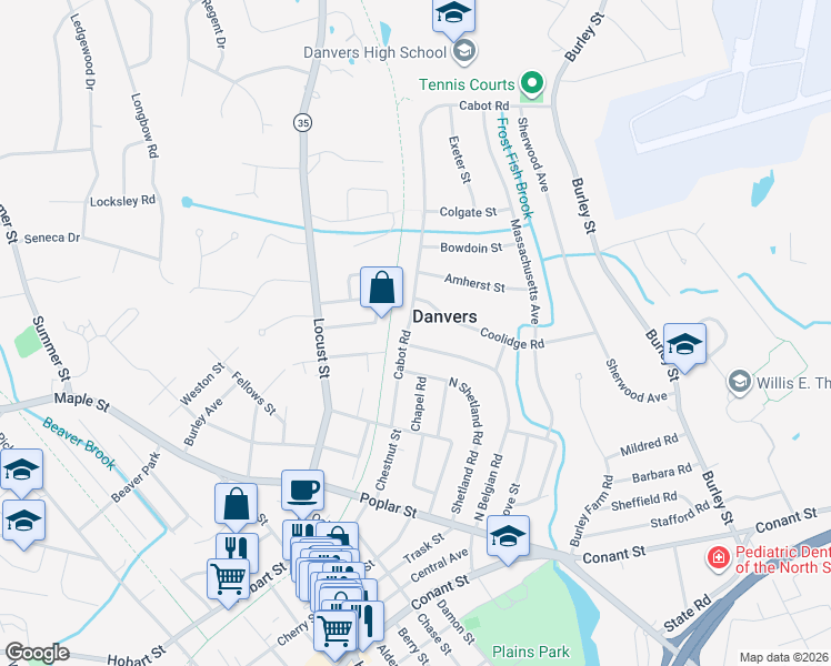 map of restaurants, bars, coffee shops, grocery stores, and more near 19 Cabot Road in Danvers