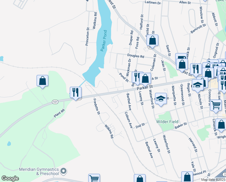 map of restaurants, bars, coffee shops, grocery stores, and more near 491 Parker Street in Gardner