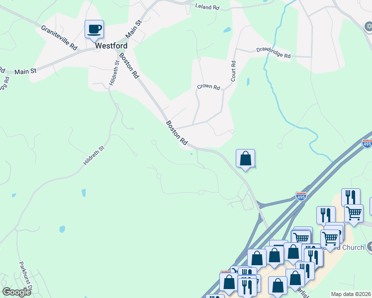 map of restaurants, bars, coffee shops, grocery stores, and more near 45 Boston Road in Westford