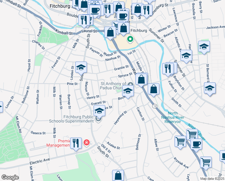 map of restaurants, bars, coffee shops, grocery stores, and more near 12 Cliff Street in Fitchburg