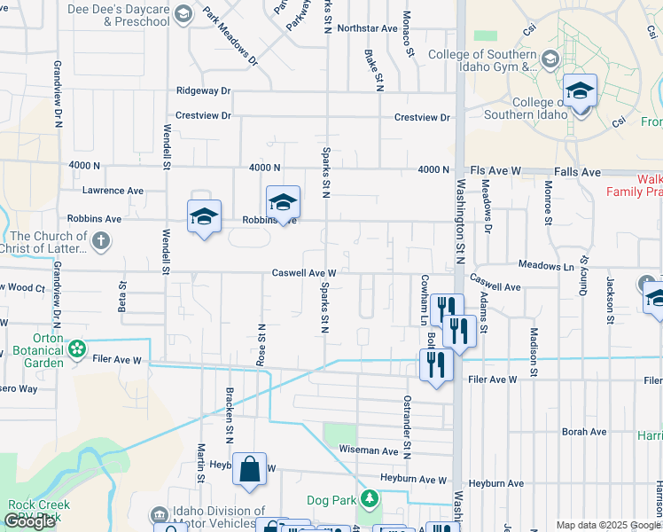 map of restaurants, bars, coffee shops, grocery stores, and more near 362 Caswell Avenue West in Twin Falls