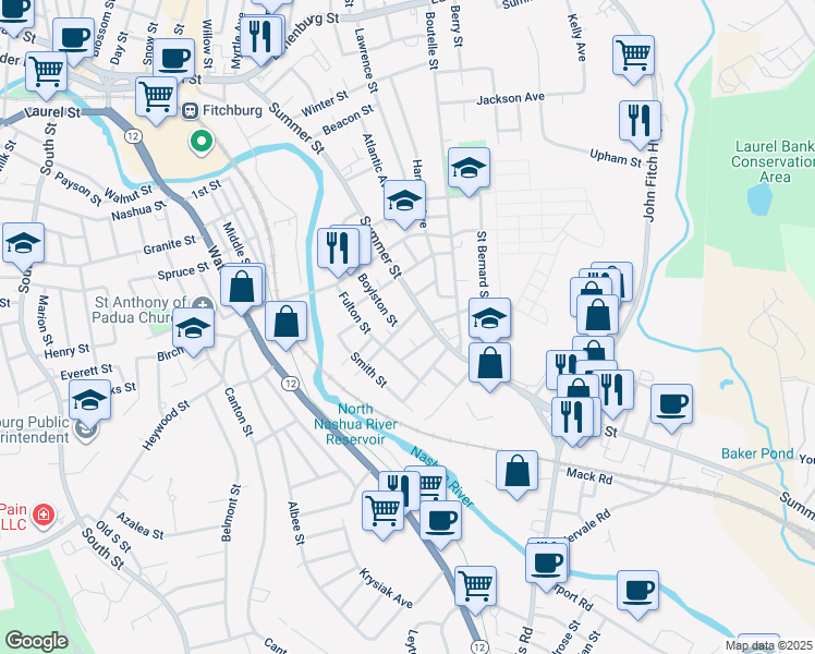 map of restaurants, bars, coffee shops, grocery stores, and more near 12 Cane Street in Fitchburg