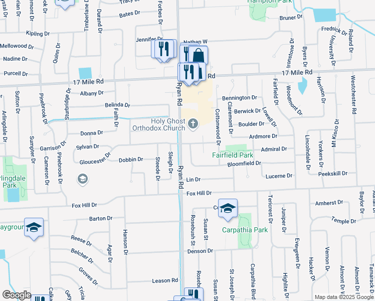 map of restaurants, bars, coffee shops, grocery stores, and more near 38363 Coronation Drive in Sterling Heights