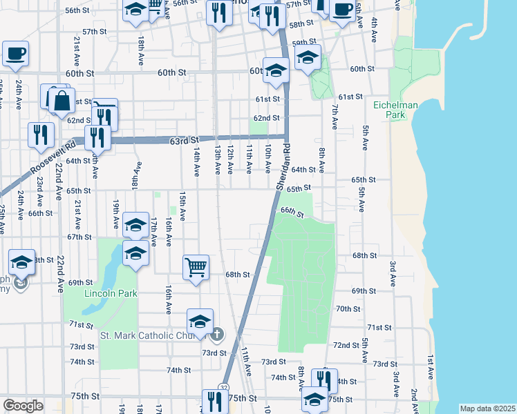 map of restaurants, bars, coffee shops, grocery stores, and more near 6530 Sheridan Road in Kenosha
