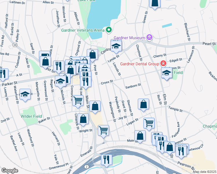 map of restaurants, bars, coffee shops, grocery stores, and more near 20 Washington Street in Gardner