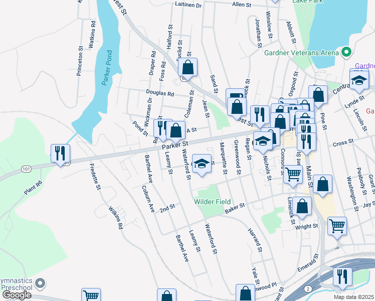 map of restaurants, bars, coffee shops, grocery stores, and more near 10 Waterford Street in Gardner