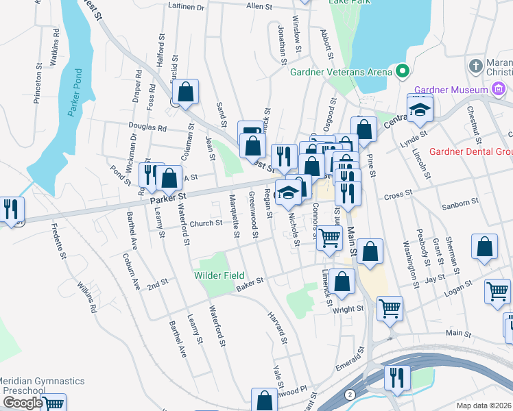 map of restaurants, bars, coffee shops, grocery stores, and more near 24 Greenwood Street in Gardner