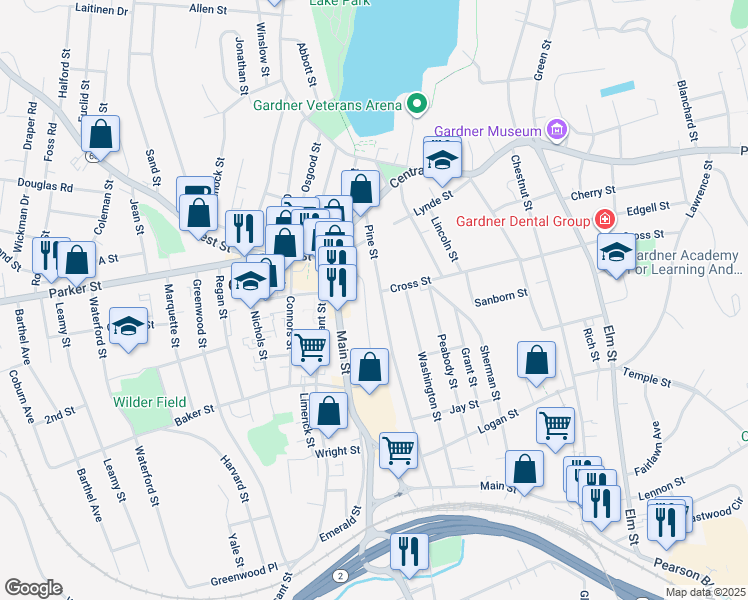 map of restaurants, bars, coffee shops, grocery stores, and more near 125 Pine Street in Gardner