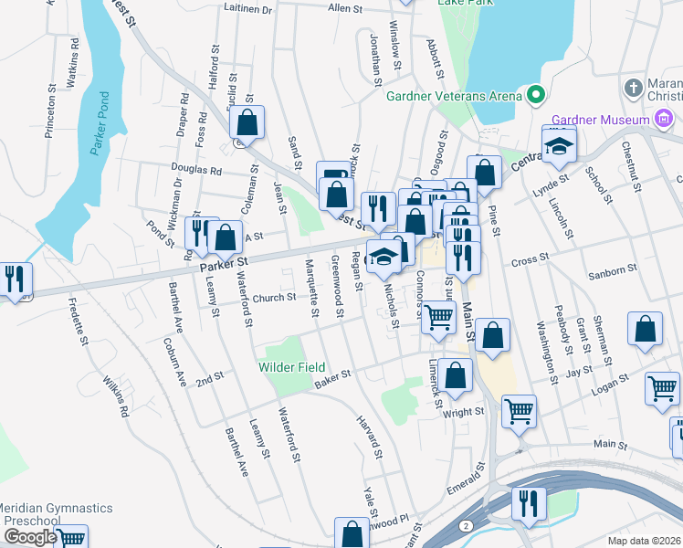 map of restaurants, bars, coffee shops, grocery stores, and more near 24 Greenwood Street in Gardner