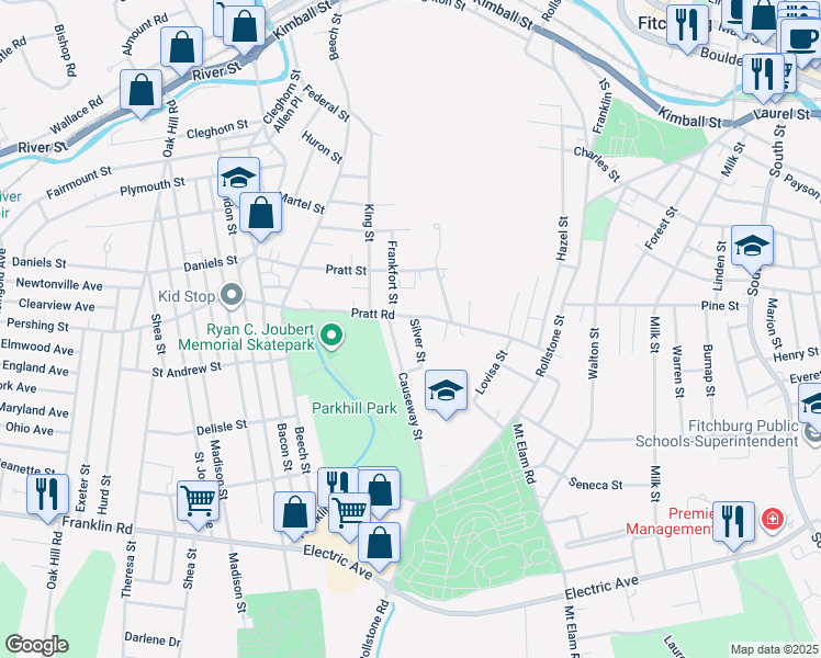 map of restaurants, bars, coffee shops, grocery stores, and more near 11 Silver Street in Fitchburg