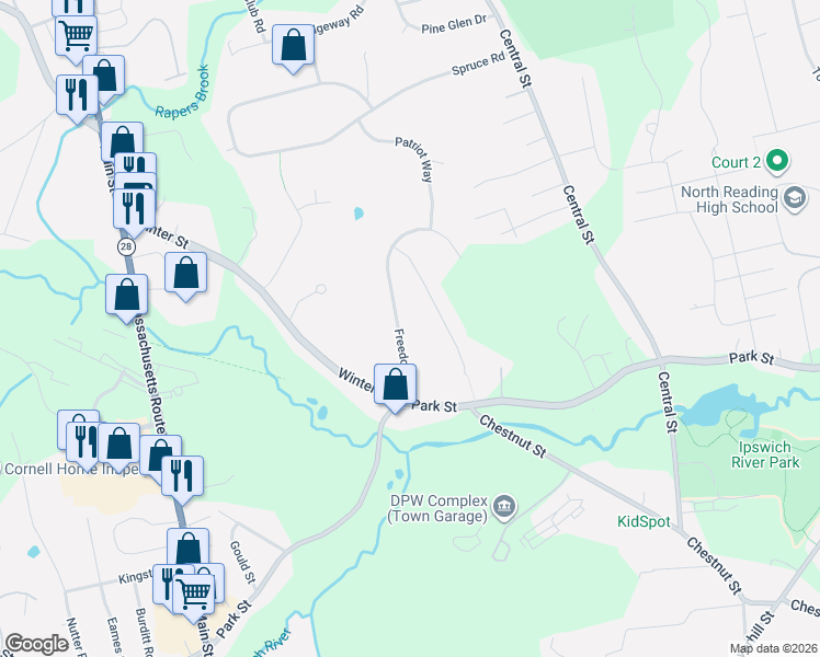 map of restaurants, bars, coffee shops, grocery stores, and more near 8 Freedom Drive in North Reading