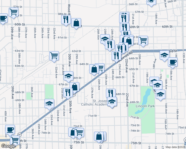 map of restaurants, bars, coffee shops, grocery stores, and more near 6521 27th Avenue in Kenosha