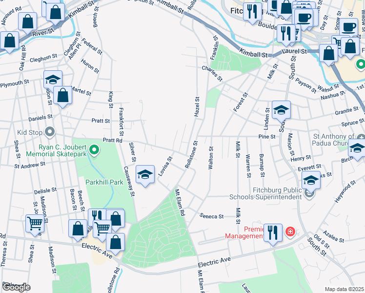 map of restaurants, bars, coffee shops, grocery stores, and more near 16 Wilson Street in Fitchburg