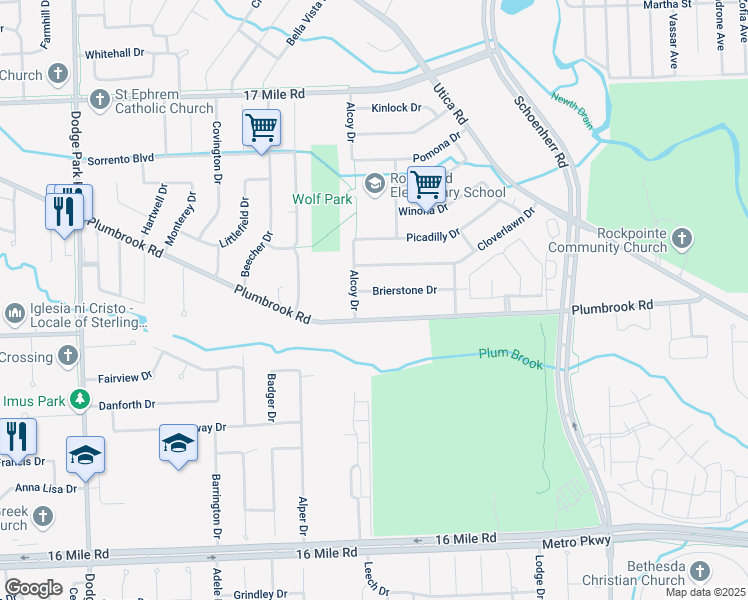 map of restaurants, bars, coffee shops, grocery stores, and more near 12856 Brierstone Dr in Sterling Heights