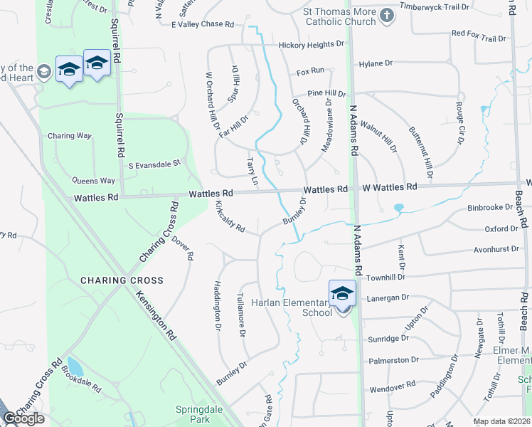 map of restaurants, bars, coffee shops, grocery stores, and more near 4555 Whitley Court in Bloomfield Hills