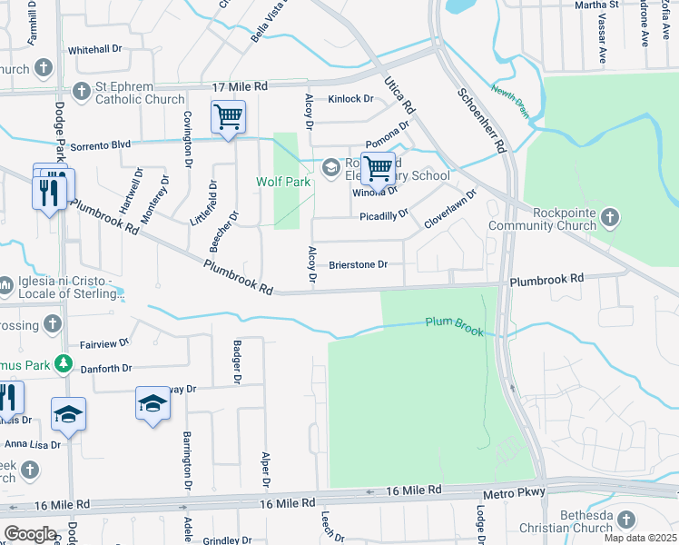 map of restaurants, bars, coffee shops, grocery stores, and more near 12856 Brierstone Drive in Sterling Heights